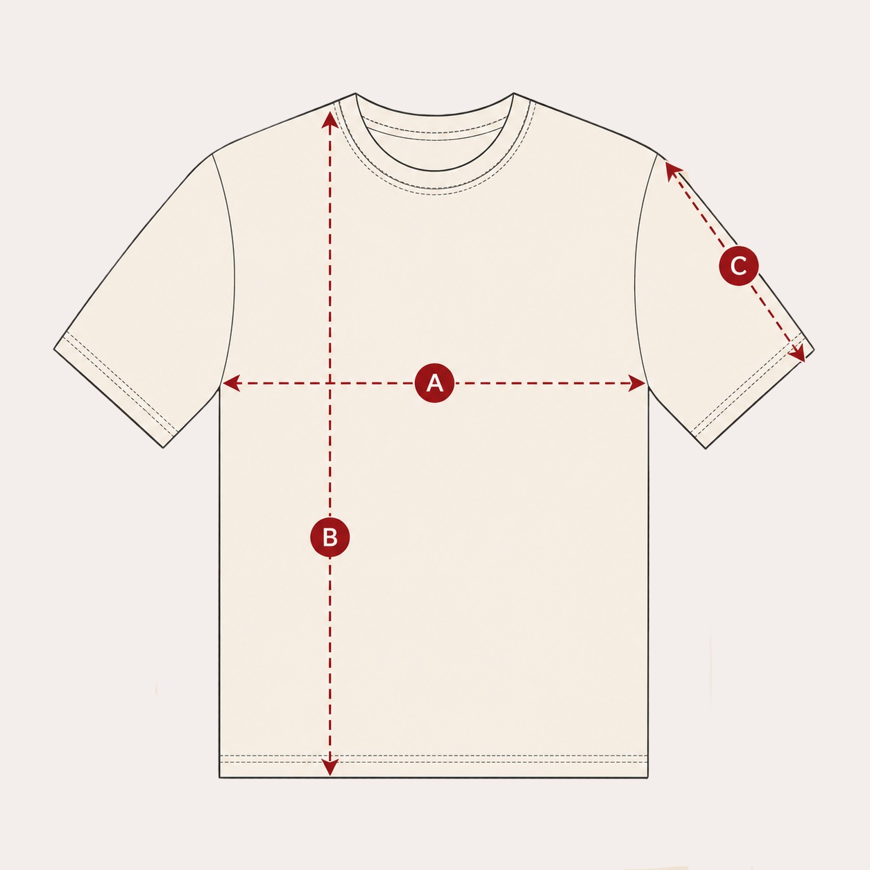 Messgrafik für ein T-Shirt mit Brustweite, Gesamtlänge und Ärmellänge