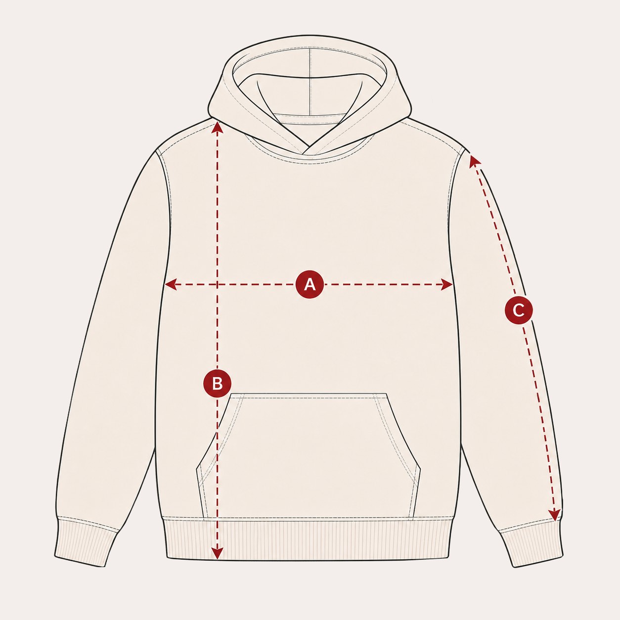 Messgrafik für den WAVE Hoodie mit Brustweite, Gesamtlänge und Ärmellänge