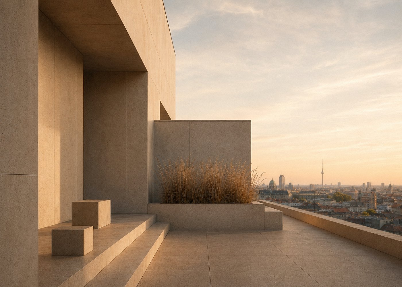 Moderne Berliner Dachterrasse im warmen Abendlicht mit Blick auf die Skyline und den Fernsehturm